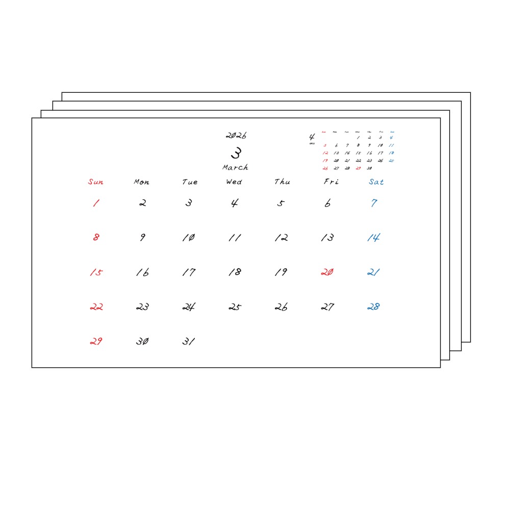2026年3月~2027年3月までの月間カレンダーまとめPDF。
手書き風のフォントで、日曜日はじまり。日曜日は赤色、土曜日は青色、祝日は赤色で色分けされている。
右上には次月のミニカレンダー
PDF A4サイズ