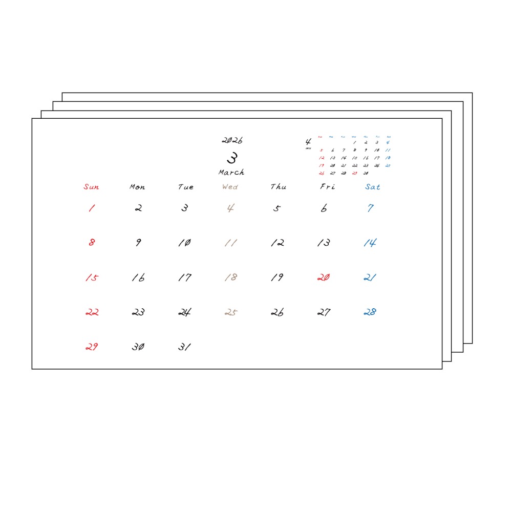 水曜日休みさんのための2026年3月~2027年3月までの月間カレンダーまとめPDF。
手書き風のフォントで、水曜日がベージュ、日曜日は赤色、土曜日は青色、祝日は赤色で色分けされている。
右上には次月のミニカレンダー
PDF A4サイズ