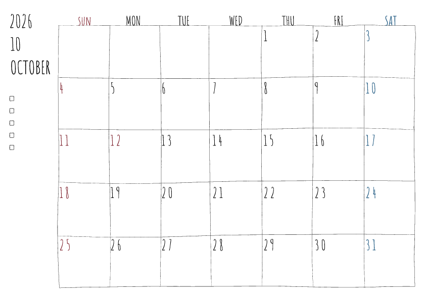 2026年10月の月間カレンダー、日曜始まり。手書き風の柔らかな書体と線で描かれており、日曜日は赤色、土曜日は青色で数字が色分けされています。左側にはチェックボックス付きのメモ欄があり、全体的にシンプルでクリーンなデザインです。