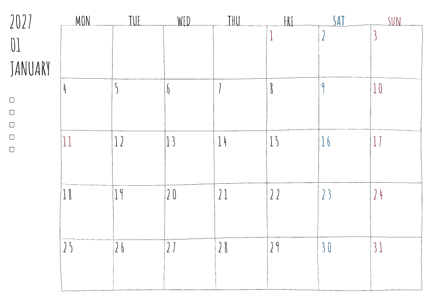 2027年1月の月間カレンダーのイラスト、月曜日始まり。 手書き風の柔らかな書体と線で描かれており、日曜日は赤色、土曜日は青色で数字が色分けされています。左側にはチェックボックス付きのメモ欄があり、全体的にシンプルでクリーンなデザインです。