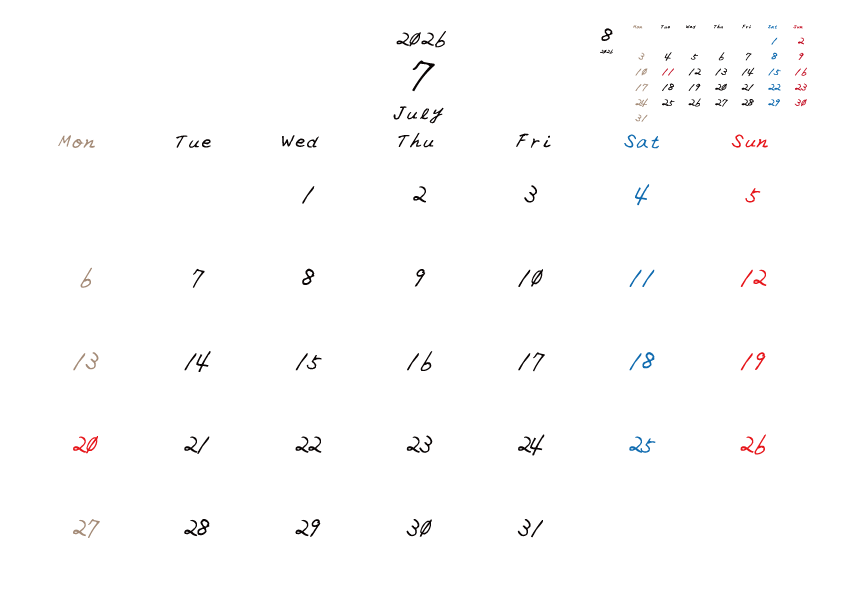 2026年7月のカレンダーPDF
月曜日はじまり
日曜赤、土曜青、月曜ベージュ