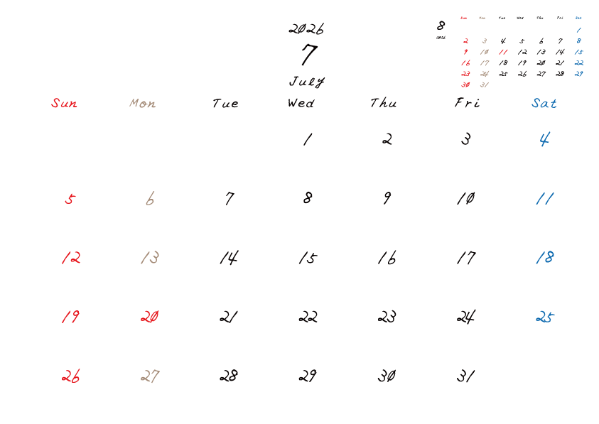 2026年7月のカレンダーPDF
日曜日はじまり
日曜赤、土曜青、月曜ベージュ