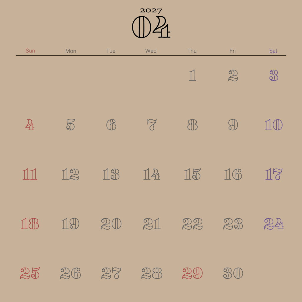温かみのあるベージュ背景に、レトロなアウトライン・タイポグラフィを施したミニマルな2027年4月の月間カレンダー。日曜始まり。土曜日が青、日曜祝日が赤に色分け。
Minimalist April 2027 monthly calendar with aesthetic retro typography, Sunday start.