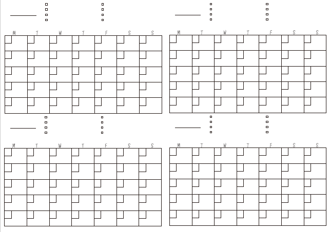 A4サイズ1枚にA6サイズの月間予定表が4面レイアウトされた、日付フリーのシンプルなカレンダー素材。月曜始まりのグリッドと上部のチェックボックスが特徴。
A4 printable sheet featuring four A6-sized monthly planners. A minimalist, undated layout with a Monday start and checklist boxes at the top of each section.