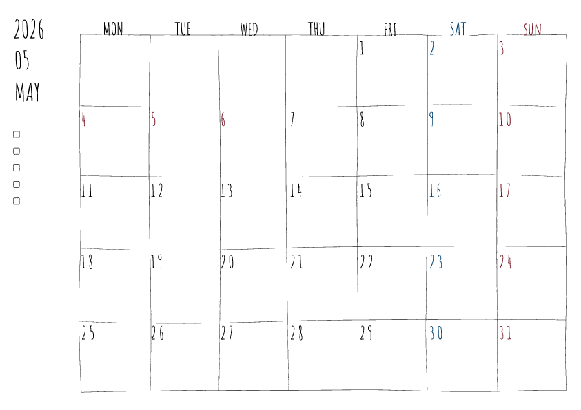 2026年5月の月間カレンダーのイラスト、月曜日始まり。 手書き風の柔らかな書体と線で描かれており、日曜日は赤色、土曜日は青色で数字が色分けされています。左側にはチェックボックス付きのメモ欄があり、全体的にシンプルでクリーンなデザインです。
