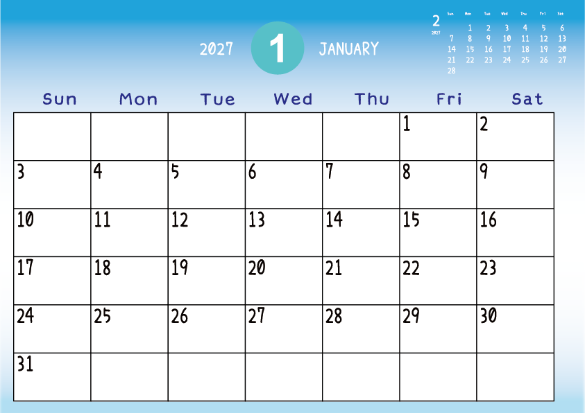 2027年1月
日曜始まりカレンダー
青のグラデーション背景に、右上に翌月のミニカレンダーを配置したデザイン

A Sunday-start January 2027 calendar with a blue gradient background and a small preview of the March calendar in the upper right corner.