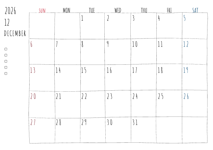 2026年12月の月間カレンダー、日曜始まり。手書き風の柔らかな書体と線で描かれており、日曜日は赤色、土曜日は青色で数字が色分けされています。左側にはチェックボックス付きのメモ欄があり、全体的にシンプルでクリーンなデザインです。