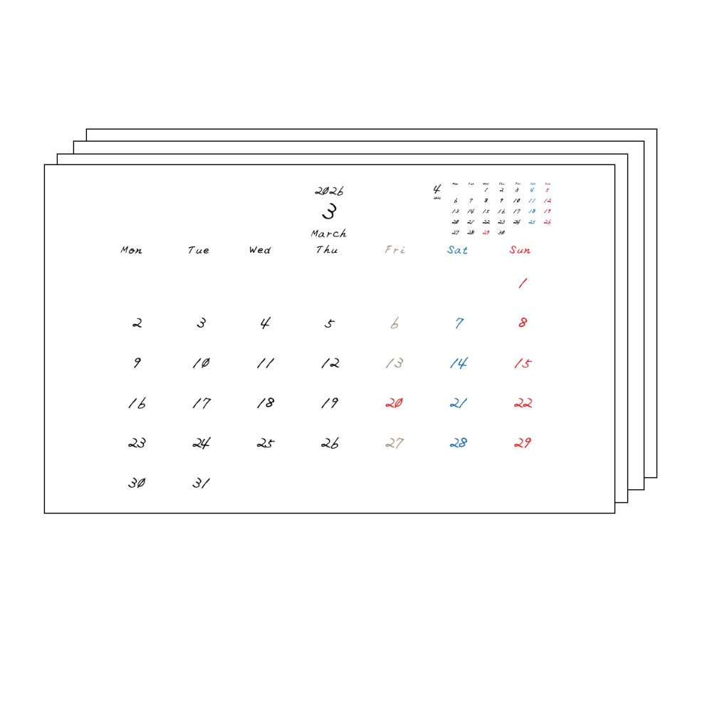 金曜日休みさんのための2026年3月~2027年3月までの月間カレンダーまとめPDF。
手書き風のフォントで、月曜日はじまり。金曜日がベージュ、日曜日は赤色、土曜日は青色、祝日は赤色で色分けされている。
右上には次月のミニカレンダー
PDF A4サイズ