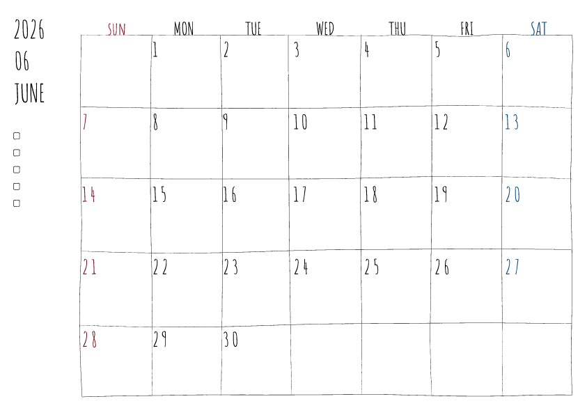 2026年6月の月間カレンダーのイラスト。日曜はじまり。 手書き風の柔らかな書体と線で描かれており、日曜日は赤色、土曜日は青色で数字が色分けされています。左側にはチェックボックス付きのメモ欄があり、全体的にシンプルでクリーンなデザインです。