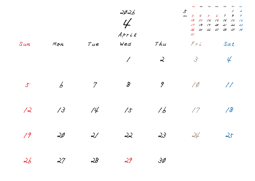 金曜日休みさんのための2026年4月の月間カレンダー。
日曜日始まり
手書き風のフォントで、金曜日がベージュ、日曜日は赤色、土曜日は青色、祝日は赤色で色分けされている。
右上には次月のミニカレンダー
PDF A4サイズ