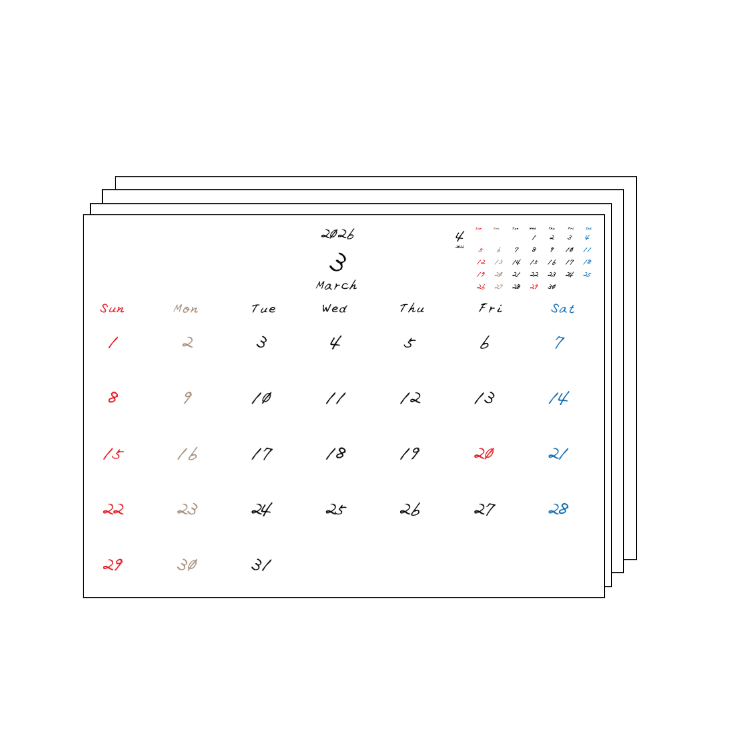 2026年3月～2027年3月までのまとめカレンダーPDF
日曜日はじまり
日曜赤、土曜青、月曜ベージュ