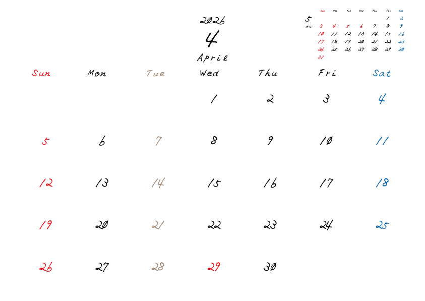 火曜日休みさんのための2026年4月の月間カレンダー。
日曜日始まり
手書き風のフォントで、火曜日がベージュ、日曜日は赤色、土曜日は青色、祝日は赤色で色分けされている。
右上には次月のミニカレンダー
PDF A4サイズ