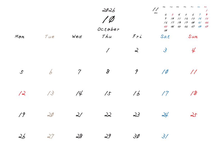 火曜日休みさんのための2026年10月の月間カレンダー。
月曜日始まり
手書き風のフォントで、火曜日がベージュ、日曜日は赤色、土曜日は青色、祝日は赤色で色分けされている。
右上には次月のミニカレンダー
PDF A4サイズ