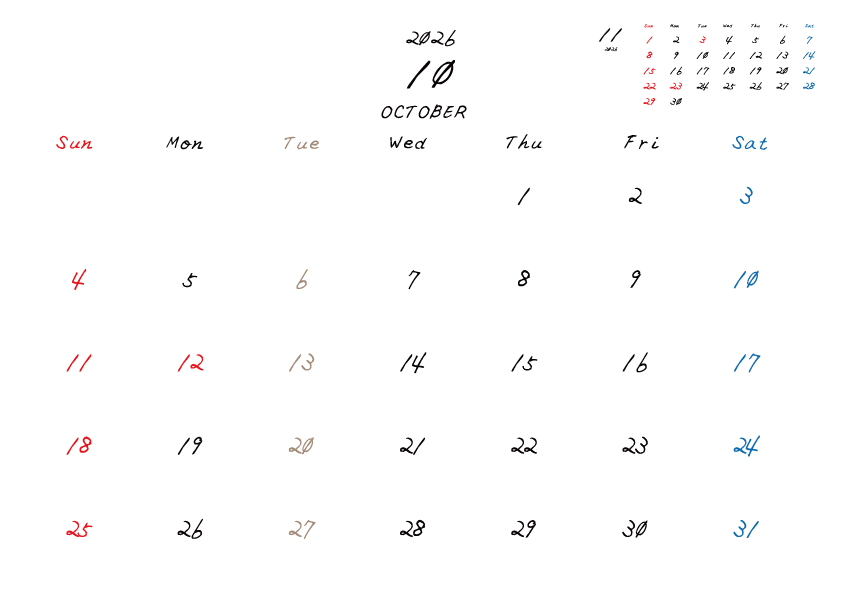火曜日休みさんのための2026年10月の月間カレンダー。
日曜日始まり
手書き風のフォントで、火曜日がベージュ、日曜日は赤色、土曜日は青色、祝日は赤色で色分けされている。
右上には次月のミニカレンダー
PDF A4サイズ