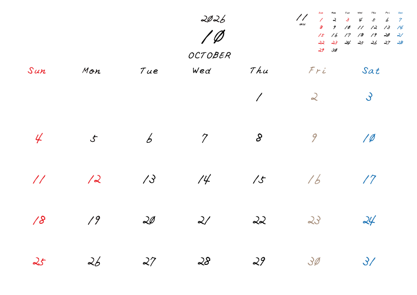 金曜日休みさんのための2026年10月の月間カレンダー。
日曜日始まり
手書き風のフォントで、金曜日がベージュ、日曜日は赤色、土曜日は青色、祝日は赤色で色分けされている。
右上には次月のミニカレンダー
PDF A4サイズ