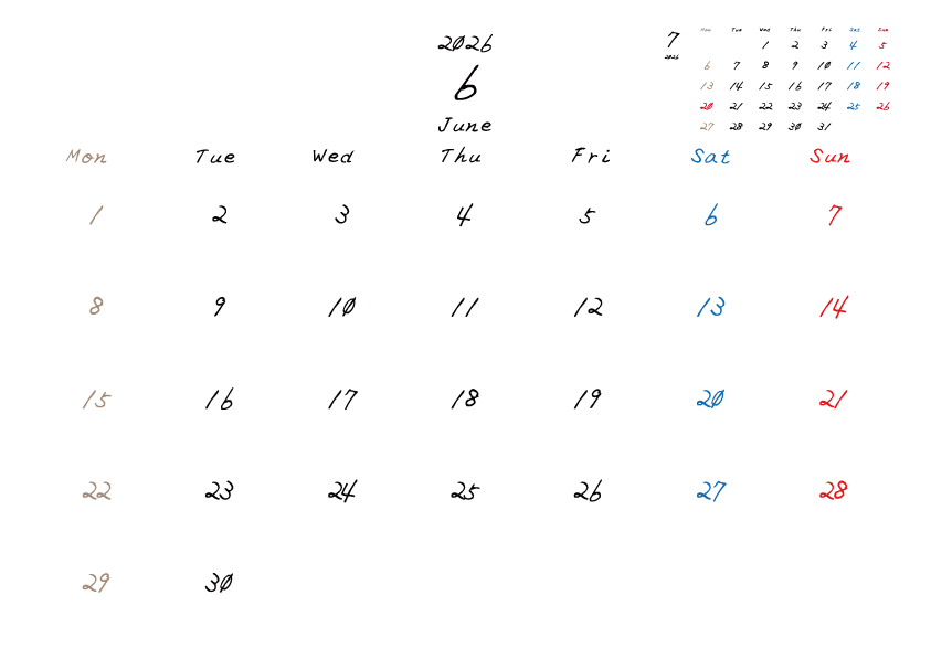 2026年6月のカレンダーPDF
月曜日はじまり
日曜赤、土曜青、月曜ベージュ