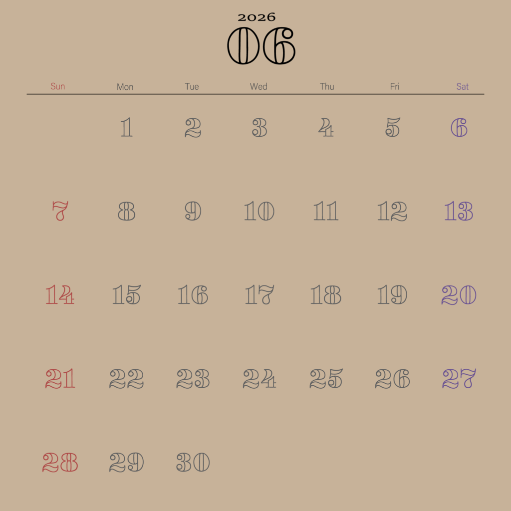 温かみのあるベージュ背景に、レトロなアウトライン・タイポグラフィを施したミニマルな2026年6月の月間カレンダー。日曜始まり。土曜日が青、日曜祝日が赤に色分け。
Retro June 2026 monthly calendar design with a warm neutral color palette and minimalist aesthetic.