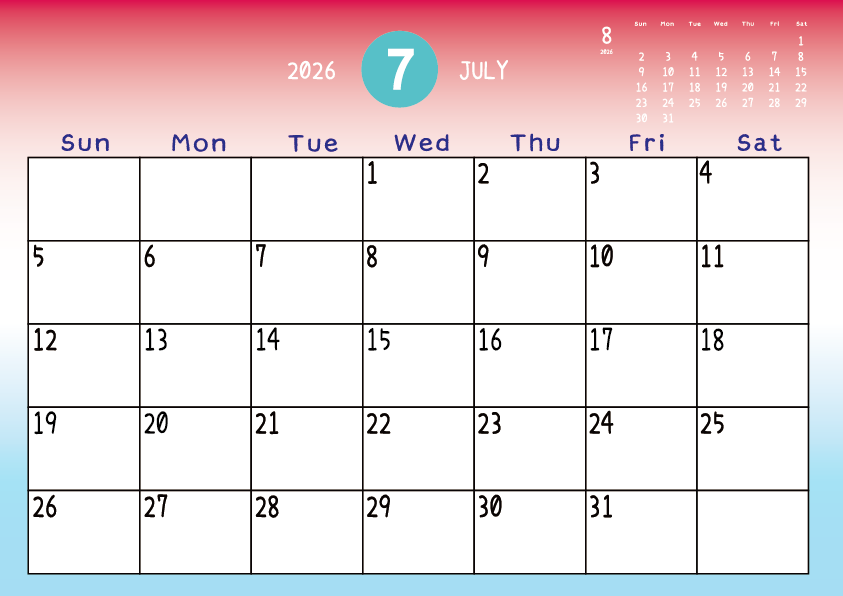 2026年7月
日曜始まりカレンダー
赤から青のグラデーション背景に、右上に翌月のミニカレンダーを配置したデザイン

A Sunday-start July 2026 calendar with a red-to-blue gradient background and a small preview of the March calendar in the upper right corner.
