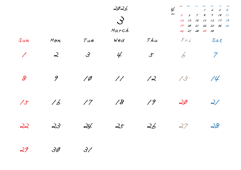 金曜日休みさんのための2026年3月の月間カレンダー。
日曜日始まり
手書き風のフォントで、金曜日がベージュ、日曜日は赤色、土曜日は青色、祝日は赤色で色分けされている。
右上には次月のミニカレンダー
PDF A4サイズ