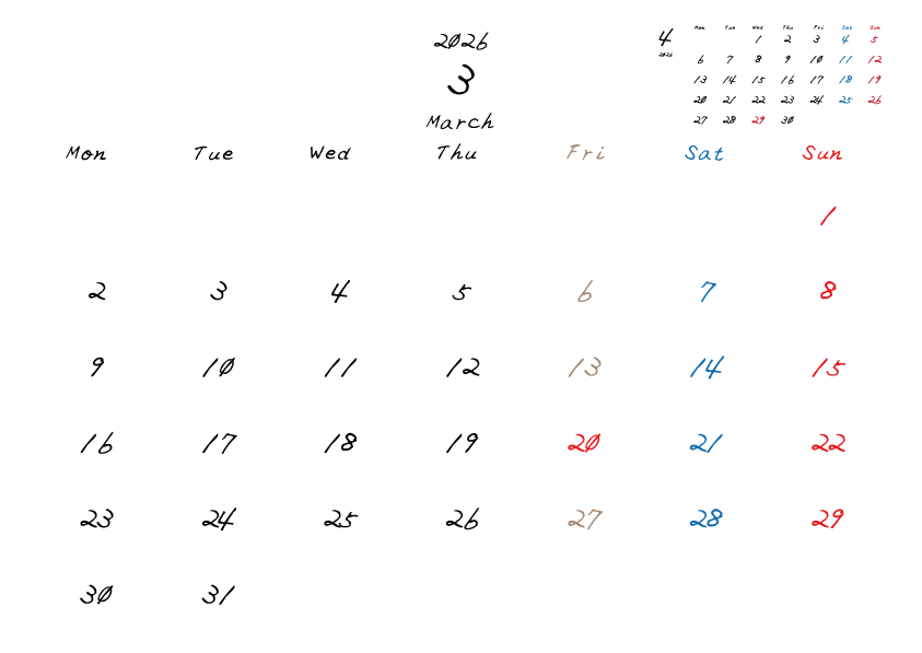 金曜日休みさんのための2026年3月の月間カレンダー。
月曜日始まり
手書き風のフォントで、金曜日がベージュ、日曜日は赤色、土曜日は青色、祝日は赤色で色分けされている。
右上には次月のミニカレンダー
