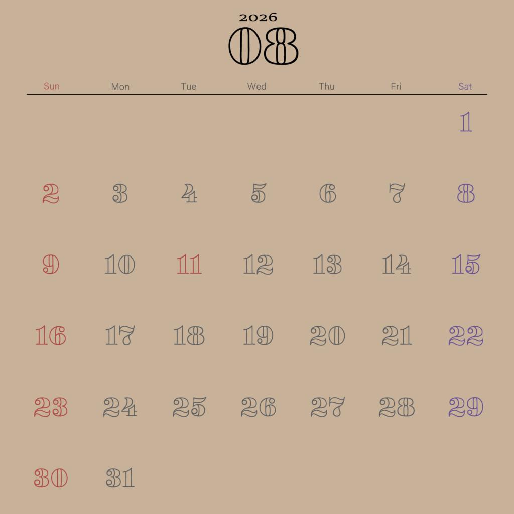 温かみのあるベージュ背景に、レトロなアウトライン・タイポグラフィを施したミニマルな2026年8月の月間カレンダー。日曜始まり。土曜日が青、日曜祝日が赤に色分け。
Aesthetic August 2026 monthly calendar with vintage outline numbers on a beige background.