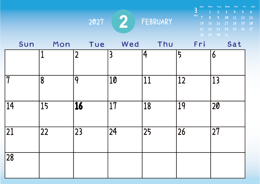 2027年2月
日曜始まりカレンダー
青のグラデーション背景に、右上に翌月のミニカレンダーを配置したデザイン
主なUSHolidayが太字
A Sunday-start February 2027 calendar with a blue gradient background and a small preview of the March 2027 calendar in the upper right corner, with major US holidays shown in bold.
