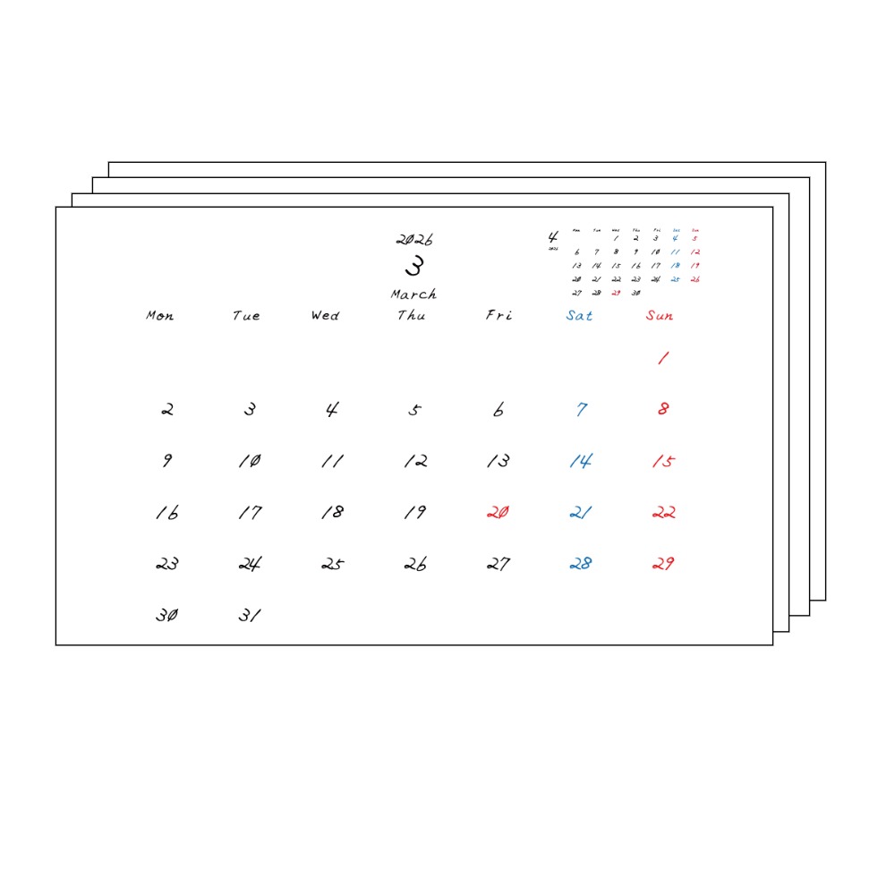 2026年3月~2027年3月までの月間カレンダーまとめPDF。
手書き風のフォントで、月曜日はじまり。日曜日は赤色、土曜日は青色、祝日は赤色で色分けされている。
右上には次月のミニカレンダー
PDF A4サイズ