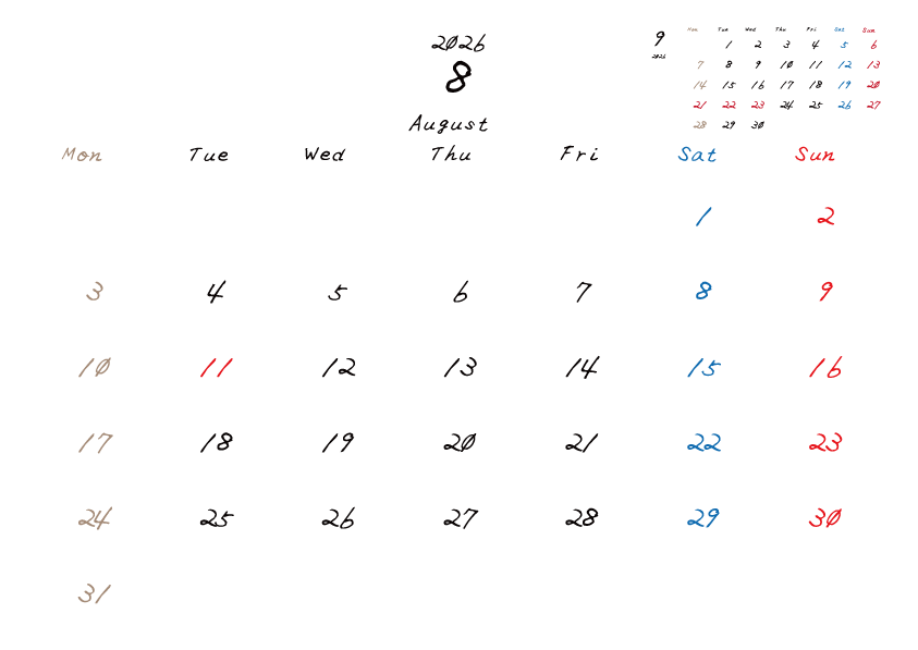 2026年8月のカレンダーPDF
月曜日はじまり
日曜赤、土曜青、月曜ベージュ