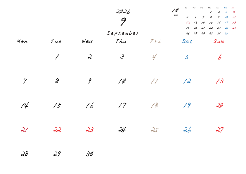 金曜日休みさんのための2026年9月の月間カレンダー。
月曜日始まり
手書き風のフォントで、金曜日がベージュ、日曜日は赤色、土曜日は青色、祝日は赤色で色分けされている。
右上には次月のミニカレンダー