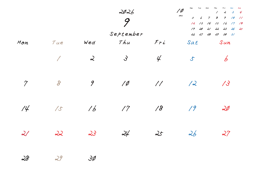 火曜日休みさんのための2026年9月の月間カレンダー。
月曜日始まり
手書き風のフォントで、火曜日がベージュ、日曜日は赤色、土曜日は青色、祝日は赤色で色分けされている。
右上には次月のミニカレンダー
PDF A4サイズ