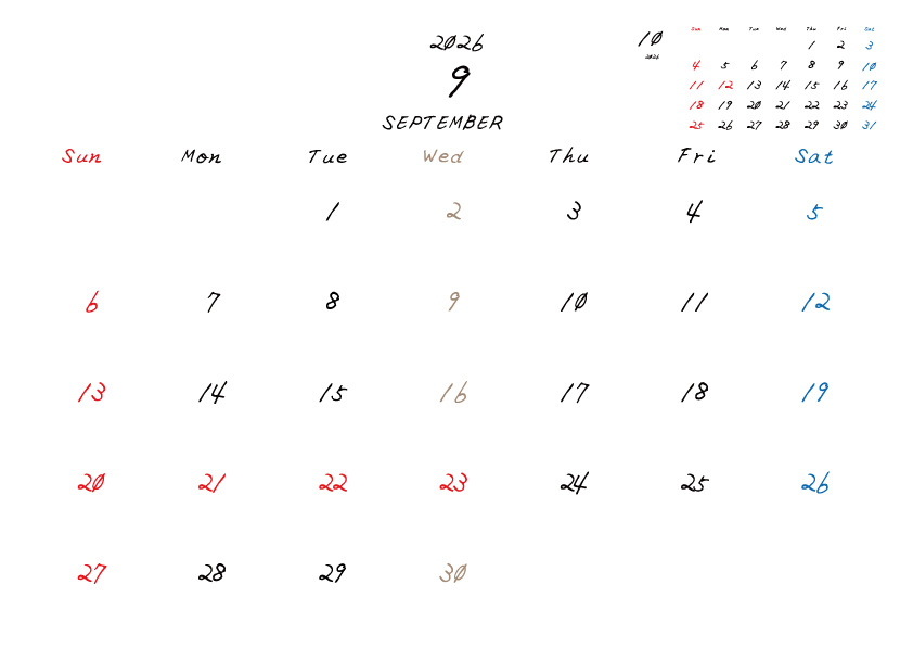 水曜日休みさんのための2026年9月の月間カレンダー。
日曜日始まり
手書き風のフォントで、水曜日がベージュ、日曜日は赤色、土曜日は青色、祝日は赤色で色分けされている。
右上には次月のミニカレンダー
PDF A4サイズ