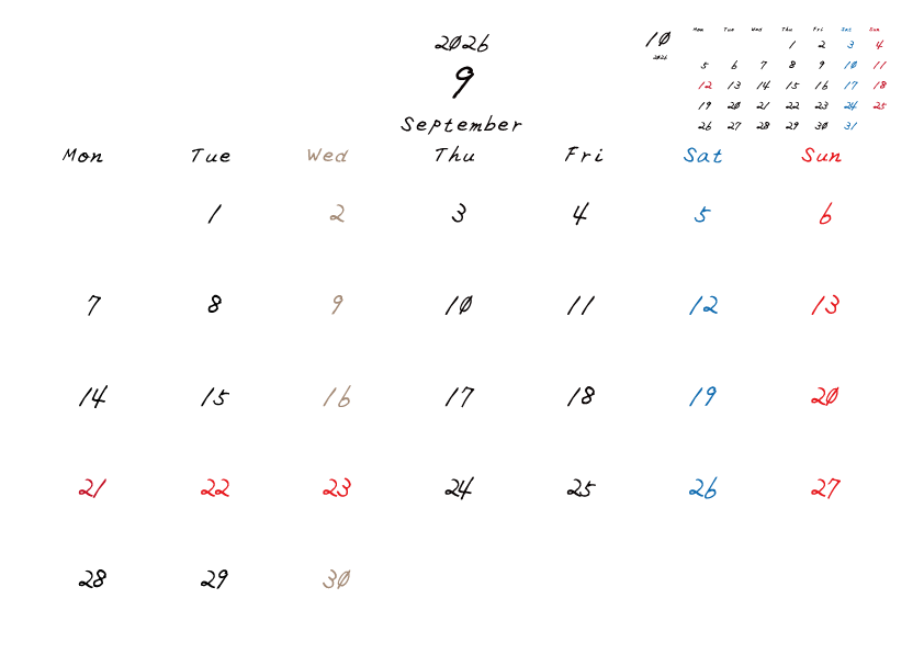 水曜日休みさんのための2026年9月の月間カレンダー。
月曜日始まり
手書き風のフォントで、水曜日がベージュ、日曜日は赤色、土曜日は青色、祝日は赤色で色分けされている。
右上には次月のミニカレンダー
PDF A4サイズ