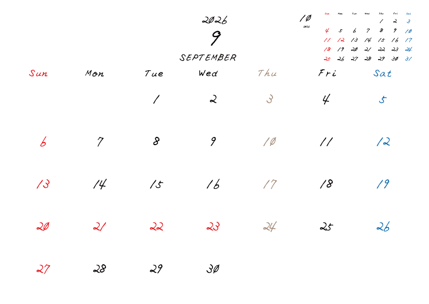 木曜日休みさんのための2026年9月の月間カレンダー。
日曜日始まり
手書き風のフォントで、木曜日がベージュ、日曜日は赤色、土曜日は青色、祝日は赤色で色分けされている。
右上には次月のミニカレンダー
PDF A4サイズ