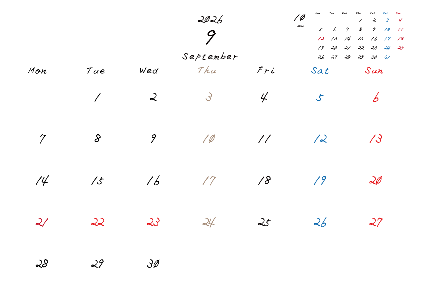 木曜日休みさんのための2026年9月の月間カレンダー。
月曜日始まり
手書き風のフォントで、木曜日がベージュ、日曜日は赤色、土曜日は青色、祝日は赤色で色分けされている。
右上には次月のミニカレンダー