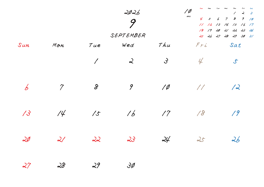 金曜日休みさんのための2026年9月の月間カレンダー。
日曜日始まり
手書き風のフォントで、金曜日がベージュ、日曜日は赤色、土曜日は青色、祝日は赤色で色分けされている。
右上には次月のミニカレンダー
PDF A4サイズ