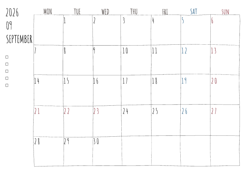 2026年9月の月間カレンダーのイラスト、月曜日始まり。 手書き風の柔らかな書体と線で描かれており、日曜日は赤色、土曜日は青色で数字が色分けされています。左側にはチェックボックス付きのメモ欄があり、全体的にシンプルでクリーンなデザインです。