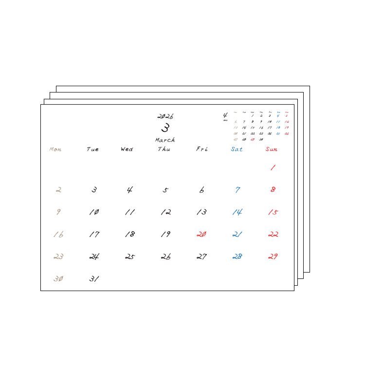 2026年3月から2027年3月までのまとめカレンダーPDF
月曜日はじまり
日曜赤、土曜青、月曜ベージュ