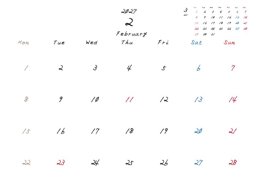 2027年2月のカレンダーPDF
月曜日はじまり
日曜赤、土曜青、月曜ベージュ