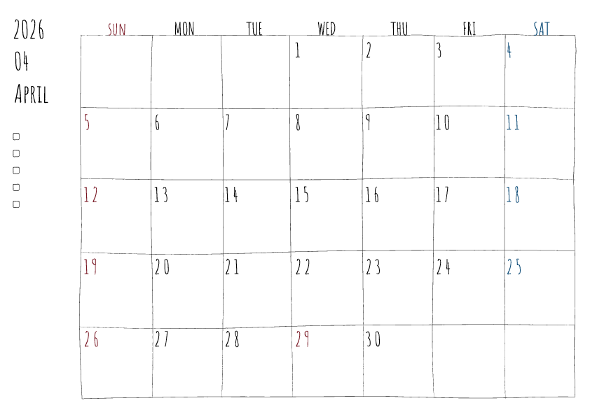 2026年4月の月間カレンダーのイラスト。日曜始まり。 手書き風の柔らかな書体と線で描かれており、日曜日は赤色、土曜日は青色で数字が色分けされています。左側にはチェックボックス付きのメモ欄があり、全体的にシンプルでクリーンなデザインです。