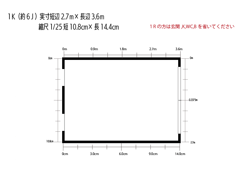 1/25スケールの家具配置検討用間取り図（1K 約6畳）。実寸2.7m×3.6m、模型サイズ10.8cm×14.4cm。