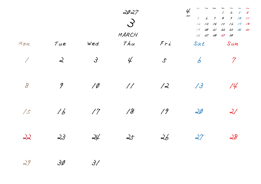 2027年3月のカレンダーPDF
月曜日はじまり
日曜赤、土曜青、月曜ベージュ