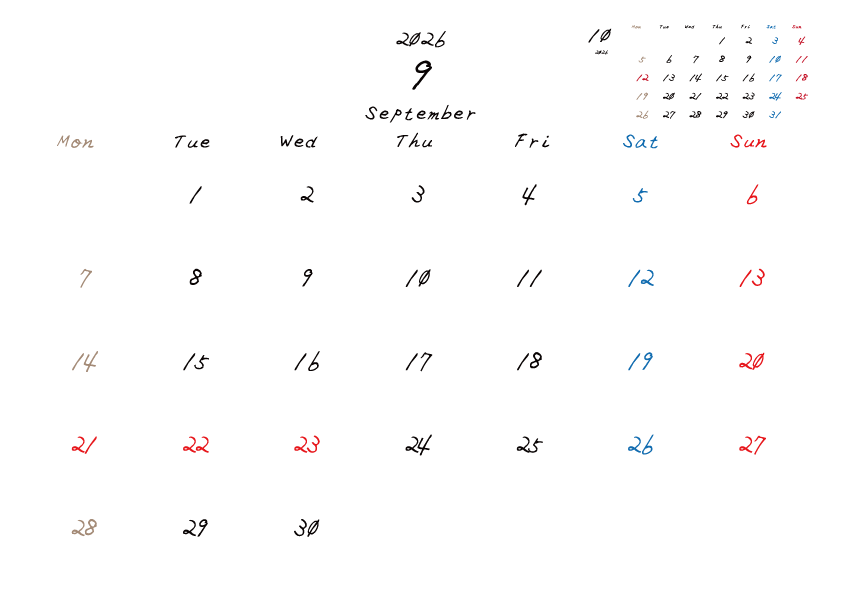 2026年9月のカレンダーPDF
月曜日はじまり
日曜赤、土曜青、月曜ベージュ
