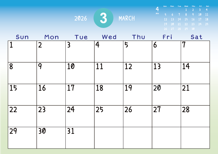 2026年3月　
日曜始まりカレンダー
青から緑へのグラデーション背景に、右上に翌月のミニカレンダーを配置したデザイン
主なUSHolidayが太字
A Sunday-start March 2026 calendar with a blue-to-green gradient background and a small preview of the April 2026 calendar in the upper right corner, with major US holidays shown in bold.