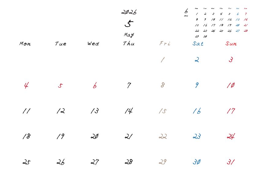 金曜日休みさんのための2026年5月の月間カレンダー。
月曜日始まり
手書き風のフォントで、金曜日がベージュ、日曜日は赤色、土曜日は青色、祝日は赤色で色分けされている。
右上には次月のミニカレンダー