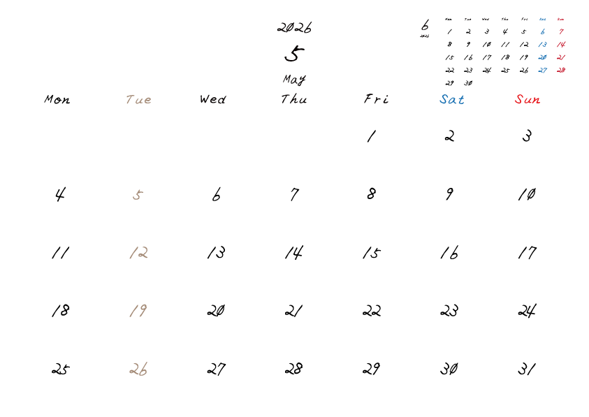 火曜日休みさんのための2026年5月の月間カレンダー。
月曜日始まり
手書き風のフォントで、火曜日がベージュ、日曜日は赤色、土曜日は青色、祝日は赤色で色分けされている。
右上には次月のミニカレンダー
PDF A4サイズ