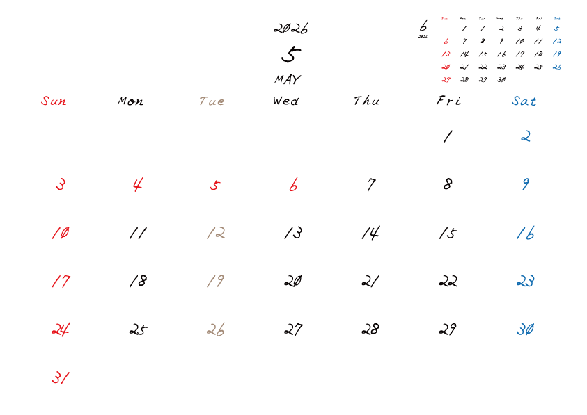 火曜日休みさんのための2026年5月の月間カレンダー。
日曜日始まり
手書き風のフォントで、火曜日がベージュ、日曜日は赤色、土曜日は青色、祝日は赤色で色分けされている。
右上には次月のミニカレンダー
PDF A4サイズ