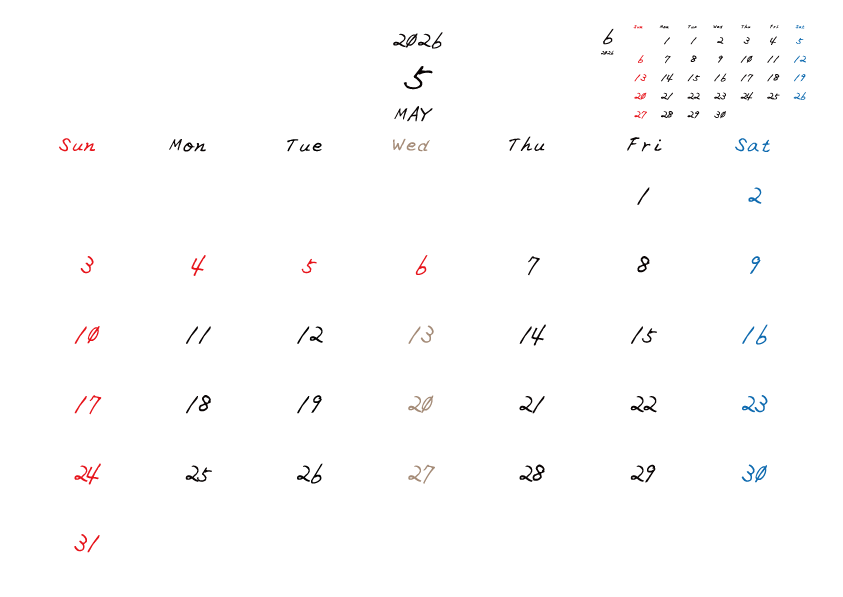 水曜日休みさんのための2026年5月の月間カレンダー。
日曜日始まり
手書き風のフォントで、水曜日がベージュ、日曜日は赤色、土曜日は青色、祝日は赤色で色分けされている。
右上には次月のミニカレンダー
PDF A4サイズ