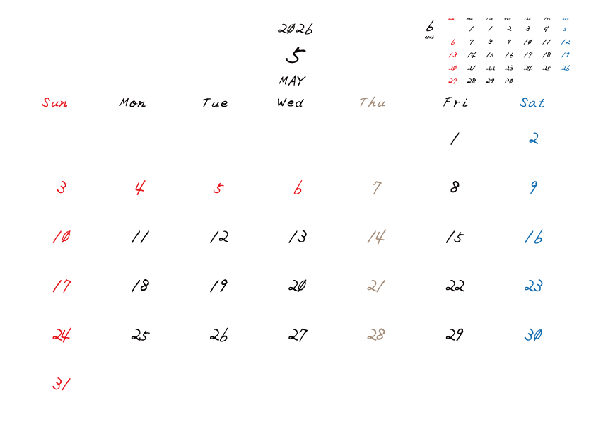 木曜日休みさんのための2026年5月の月間カレンダー。
日曜日始まり
手書き風のフォントで、木曜日がベージュ、日曜日は赤色、土曜日は青色、祝日は赤色で色分けされている。
右上には次月のミニカレンダー
PDF A4サイズ