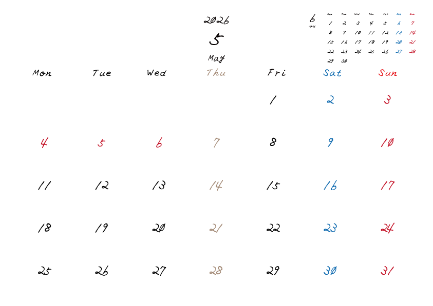 木曜日休みさんのための2026年5月の月間カレンダー。
月曜日始まり
手書き風のフォントで、木曜日がベージュ、日曜日は赤色、土曜日は青色、祝日は赤色で色分けされている。
右上には次月のミニカレンダー