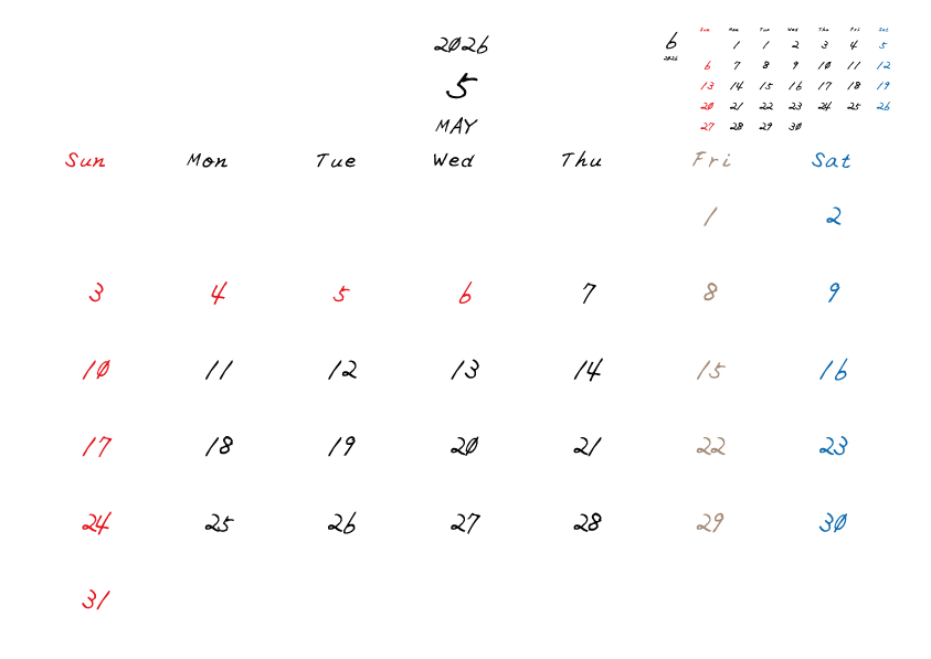 金曜日休みさんのための2026年5月の月間カレンダー。
日曜日始まり
手書き風のフォントで、金曜日がベージュ、日曜日は赤色、土曜日は青色、祝日は赤色で色分けされている。
右上には次月のミニカレンダー
PDF A4サイズ